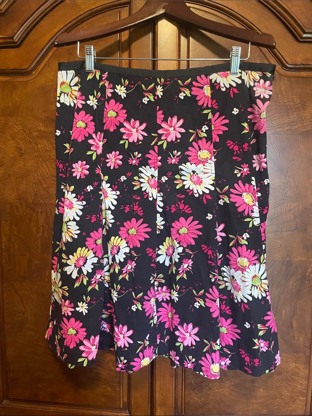 Floral A-Line Skirt - Black with Pink & White Flowers Size 16W